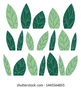 Set of green leafy trees isolated on white background. Flat minimal vector illustration kit.