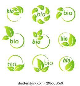 Set of green leaves bio symbol design elements