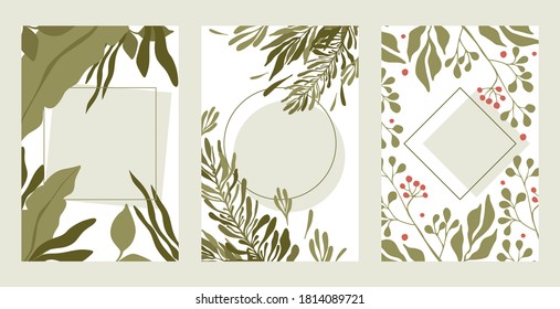 Set of green leaves borders. Summer green branches, red berries rectangular borders vector flat illustration with text space. Floral illustration for wedding, birthday, greeting cards design.