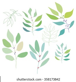 Set of green leaves design elements. This image is a vector illustration.