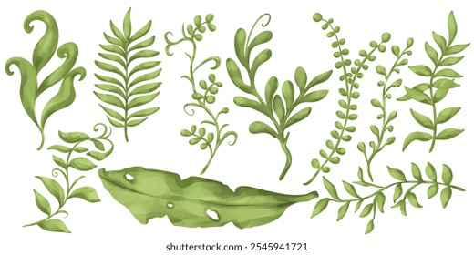 set of green leaves element for design. simplistic,watercolor, and abstract concept. nature, plant, autumn, forest, and decoration themes