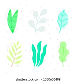 Set of green leaves in flat style. Simple shapes. Herbarium. Nature. Elements for design of card, cover, invitation, brochure, banner, logo, label, print on clothes. Vector illustration, eps10