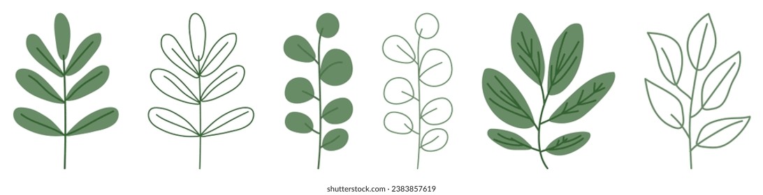 Set of green leaves. Hand drawn floral elements. Vector illustration isolated on white background
