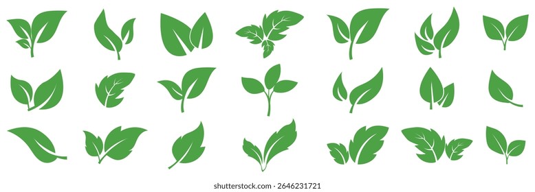 Set of green leaves icon. Various shapes of green leaves of trees and plants. Vegan, tree, plant, fresh, energy and healthy nutrition concept. Leaf icon set. green leaf. Elements design for natural. 