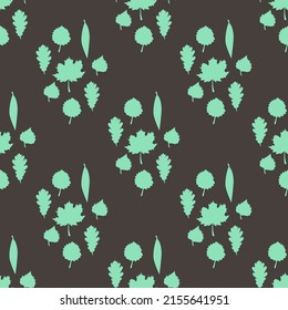 Set of green leaves isolated on dark background is in Seamless pattern - vector illustration