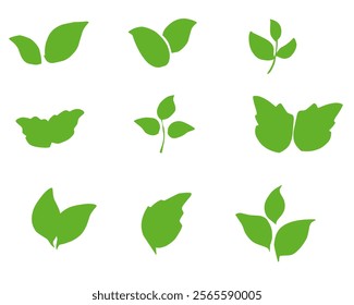 Set of green leaves in various shapes, perfect for eco-friendly designs, nature themes, botanical illustrations, and natural-inspired creative projects