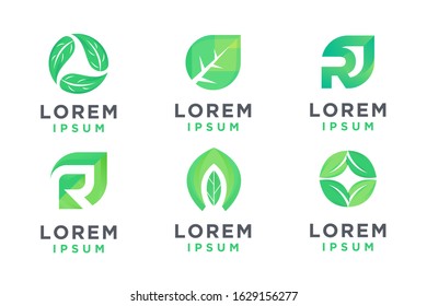 Set of Green Leaves Vector Logo Template 