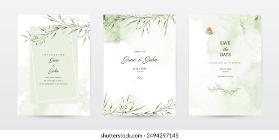 Set of green leaves watercolor wedding invitation template cards. Collection watercolor botanical vector suitable for Wedding Invitation, save the date, thank you, or greeting card.