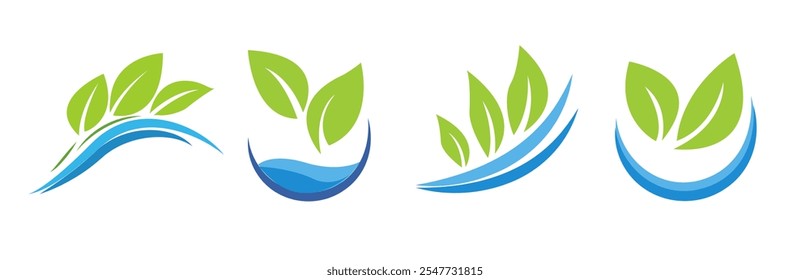 Defina ícones de logotipo com tema de água com folhas verdes, representados com linhas dinâmicas e formas abstratas. estilo gráfico em um plano de fundo branco. O conceito representa hidroponia, jardinagem e natureza.