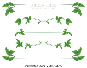 Set of green leaves,fresh green frames and borders | Realistic vector illustrations of tree leaves | Spring,Summer scenery