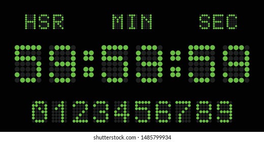 conjunto de números de reloj digital con círculo aislado en fondo negro. figuras electrónicas para el diseño de interfaz de maqueta de contador o calculadora.