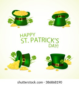 Set of green leprechaun hat with golden coins in clover on background of Happy Patrick's Day, illustration.