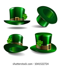 Set of green leprechaun hats with clover leaf isolated on white background. St. Patricks Day symbols. Vector illustration