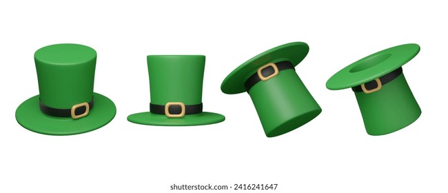 Set of green leprechaun hats in different angles. 3D St. Patrick's Day element render in plastic style. Cartoon vector illustration isolated on white background.