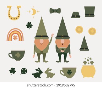 Set of Green leprechauns St. Patrick's Day Gnomes with cup of tea. Green nordic dwarf collection, bundle collection for Saint Patrick Day design.  Сoin, horseshoe, golden pot