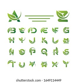 Set of green letters logo with leaves full vector