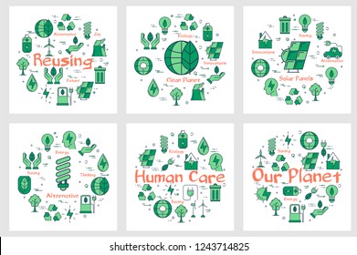 Set of green linar icon banners with white background for alternative resources and ecology health. Idea of gardage reusing, care of our planet and human care