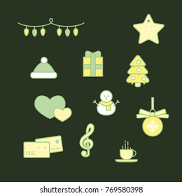 Set of green line christmas icons, minimal style