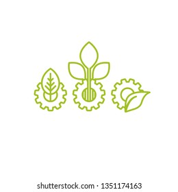 set of green line mechanical gears with green leaves. Linear icons isolated on white background. Eco friendly technology icon. World Environment day label.  Bio technology. Vector illustration.