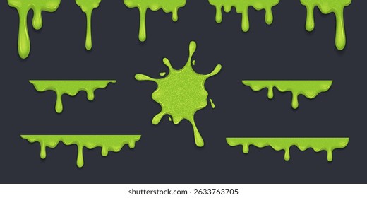Conjunto de muco líquido verde goteja. Ilustrações vetoriais no fundo cinza EPS 10