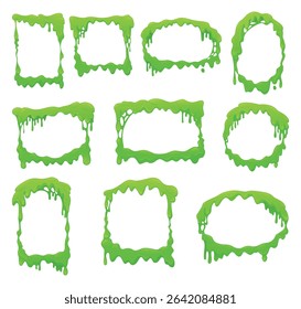 A set of green liquid slime frames designed for use in creative projects. Each frame features a unique dripping effect, adding a fun and whimsical touch to the design.