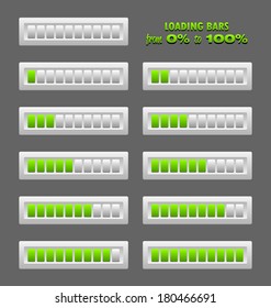 Set of green loading bars from zero to one hundred percent
