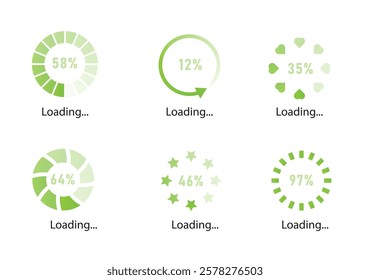 Set of green loading indicators in circular, heart, and star designs with percentage numbers on white background. Vector illustration for progress concepts