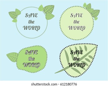 Set of green logo on blue background. Leaves, badges. Sign label,textured emblem set. Organic design template. 