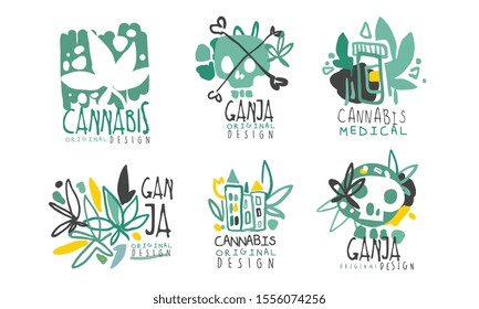 Set of green logos on the topic of medical drugs. Vector illustration.