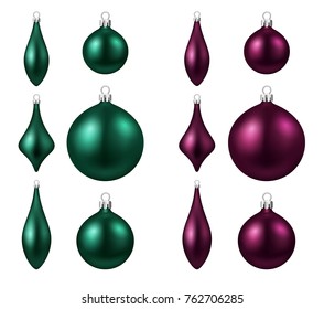 Set of green and magenta isolated figured Christmas balls. Vector illustration template.