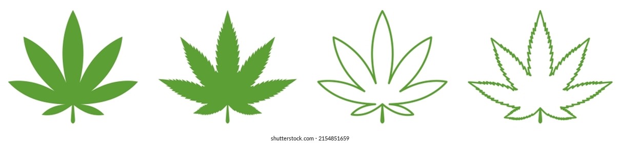 Conjunto de hojas verdes de marihuana. Ilustración del vector aislada en fondo blanco