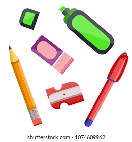 Set of green marker, brush, red pen, gray pencil sharpener. School office supplies, stationery. Modern flat cartoons style vector illustration icons. Isolated on white background. 