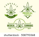 set of green medical cannabis emblem, logo . classic vintage style