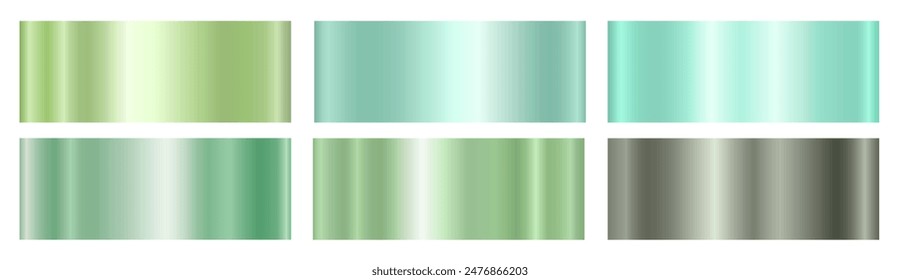 A set of green metallic glossy gradients on a white background Texture of a smooth metal surface. Vector illustration.