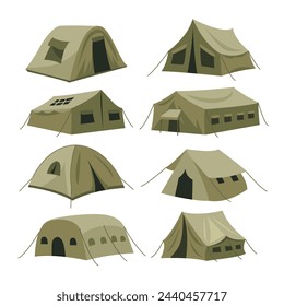 Set of Green military tents cartoon illustration set, Camping tents or shelter of different shapes for soldiers or hiking outdoor recreation, army camp, touristic equipment, vector illustration.