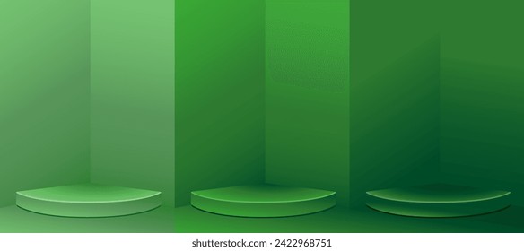 Set of green minimal Backgrounds with podium  in corner.  Background to show products.  St. Patrick's day vector illustration.