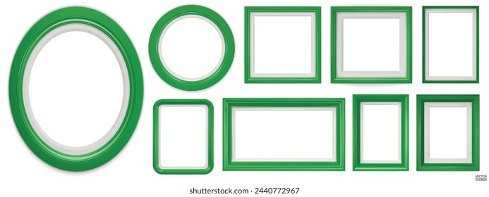 Set of green modern frame isolated on white background. Realistic rectangle, circle, oval Photo green frames mockup. Classic Borders set for painting, and photo gallery. 3d vector illustration.
