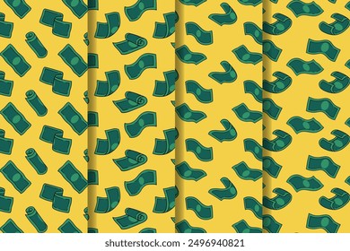 set of green money cartoon pattern for packaging. cash flow seamless pattern background. seamless pattern of falling money or cash. doodle raining money bill pattern collection for print and wallpaper