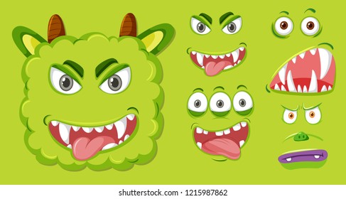 Set of green monster facial expression illustration