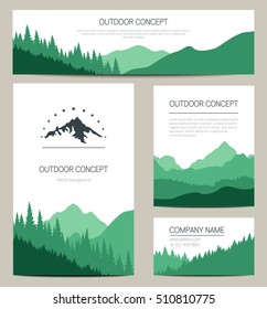 Set of green mountains and forest backgrounds. Vector templates design for business cards, greeting, prints, web design, invitation and banners. Set of stylish cards in outdoor style.
