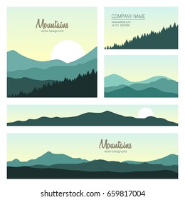 Set of green mountains and forest backgrounds. Vector templates design for business cards, greeting, prints, web design, invitation and banners. Set of stylish cards in outdoor style.
