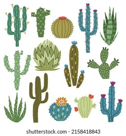 Set green multicolored cactus plants aloe succulents. Doodle hand drawn nature element naive vector art on white isolated background