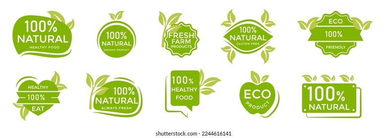 Set of green natural, fresh, eco labels in a flat design