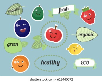 Set of green natural logo on blue background with fruits. Leaves, badges, ribbons. Sign label,textured emblem set. Organic design template. Set for cafe, restaurant badges, tags, packaging