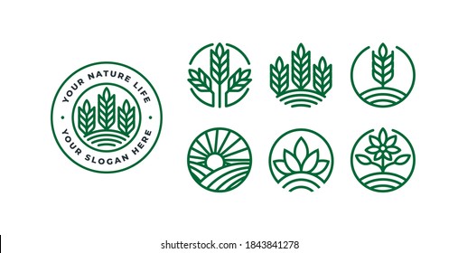 set of green nature logo design with badge template