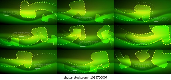 Set of green neon techno arrows, digital vector abstract backgrounds. Hi-tech business or technology design template