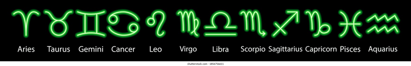 Set of green neon zodiac signs with captions. Predictions, astrology, horoscope.