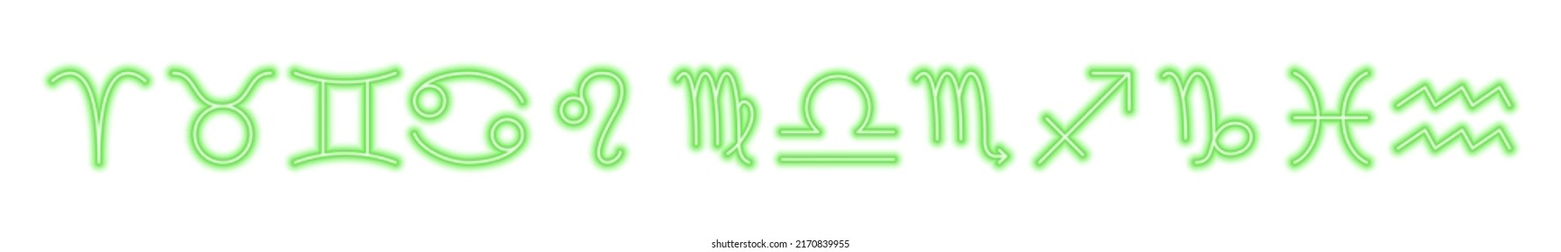 Set of green neon zodiac signs isolated on white. Predictions, astrology, horoscope.