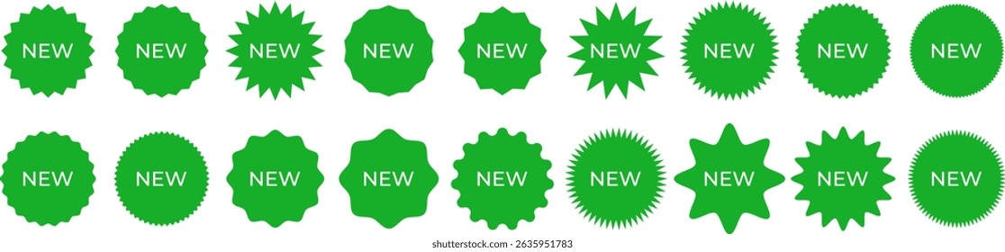 Conjunto de ícones verdes de distintivo "NEW" com formas de estelar e selo. Excelente para etiquetas de produto, comércio eletrônico, banners de marketing e destaques promocionais