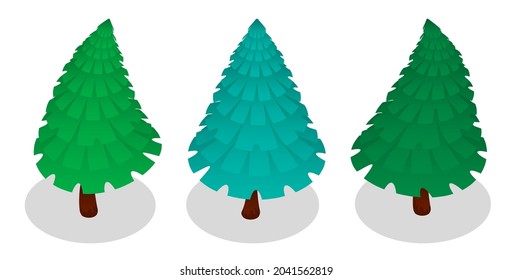 Set of green New Years Christmas trees in isometric in cartoon style. Celebrating new year and christmas. Isolated vector on white background